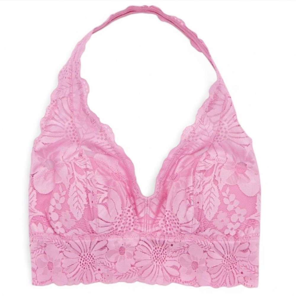 aerie baby pink floral lace padded halter bralette